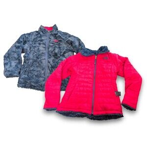 The North Face Reversible Mossbud Pink Puffer Jacket Blue Fleece Girls L 14-16